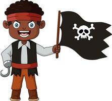 mignonne pirate garçon en portant noir drapeau vecteur