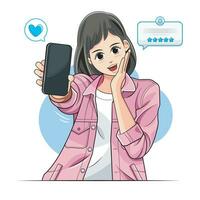 une Jeune fille est en utilisant sa téléphone à avoir client retour. vecteur illustration pro Télécharger