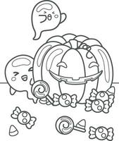 marrant fantôme Halloween et citrouille dessin animé coloration pages pour des gamins et adulte activité vecteur