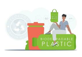 le concept de écologie et se soucier pour le environnement. le gars est assis sur une bouteille fabriqué de biodégradable Plastique et détient un éco sac dans le sien mains. mode tendance illustration dans vecteur. vecteur