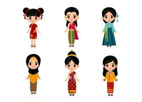 ensemble de femme dans des personnages de dessins animés de vêtements traditionnels asiatiques vecteur