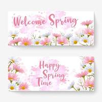 fond de bannière de deux printemps avec des couleurs pastel. bienvenue au printemps, joyeux printemps. carte de voeux avec vecteur de fleurs et de feuilles.