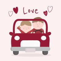 le personnage deux jolis couples conduisant une voiture avec l'amour de fond de coeur sur le dos. illustration sur l'amour et la Saint-Valentin. vecteur