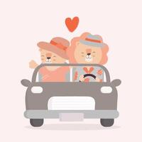 deux couple de lion mignon conduisant une voiture avec amour de fond de coeur sur le dos. illustration sur l'amour et la Saint-Valentin. vecteur