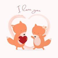 illustration vectorielle de renard amour. dessin animé. flat cute happy fox couple debout les uns avec les autres avec coeur en arrière-plan. carte de célébration de la Saint-Valentin isolée. vecteur