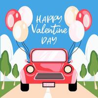 doodle carte de voeux saint valentin avec une voiture rouge et des ballons, illustration vectorielle vecteur