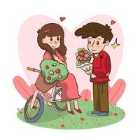 homme tenant des fleurs proposant à la femme de l'épouser happy valentines day concept jeune couple amoureux mariage offre carte de voeux. vecteur