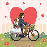 illustration vectorielle de couple amoureux sur un vélo sur fond de forme de coeur nature, style cartoon vecteur