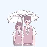 jeunes hommes et femmes debout dans des uniformes scolaires et étendant des parapluies vecteur