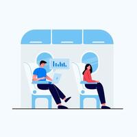 jeune homme assis dans l'avion travaillant sur un ordinateur portable, femme assise en position assise, passagers dans l'avion, illustration vectorielle plane de dessin animé vecteur