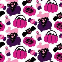 sans couture modèle dans rose, noir et violet couleurs pour Halloween. bonbons panier, chaudron, chauve souris, citrouille, bougie sur une blanc Contexte vecteur illustration dans dessin animé style. emballage, fête