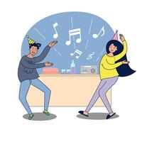 un grand couple isolé fait la fête. illustration vectorielle amis plats de dessin animé ou couple dansant à la fête à la maison, fond de célébration à l'intérieur vecteur