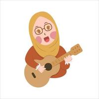 hijab de fille mignonne heureuse jouant de la guitare et chantant illustration de conception plate de dessin animé de vecteur