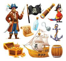 ensemble de pirate personnage, drapeau, perroquet, Trésor poitrine et bateau. pirate éléments vecteur dessin animé illustration