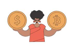 femme en portant bitcoin et dollar pièce de monnaie. personnage branché style. vecteur