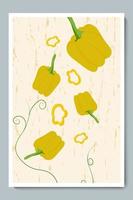 affiche d'anneaux tranchés au paprika et au poivron. légumes jaunes minimalistes avec des morceaux et un fond de texture. vecteur