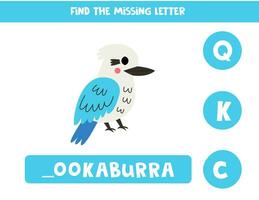 trouver disparu lettre avec dessin animé kookaburra. orthographe feuille de travail. vecteur