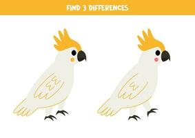 trouver 3 différences entre deux mignonne dessin animé cacatoès des oiseaux. vecteur