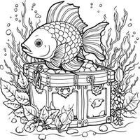 une griffonnage dessin animé nager poisson autour un ouvert Trésor poitrine vecteur
