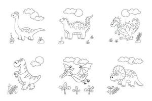 dinosaures mignons. ensemble de dino. illustration vectorielle dans le style doodle et dessin animé pour les livres à colorier et les estampes. dessiné à la main. noir et blanc