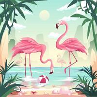 concept de plage d'heure d'été. flamants roses attrapant des poissons au bord de la mer vecteur