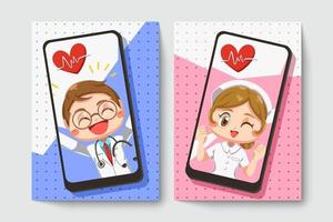 carte de joyeux médecin et infirmière en personnage de dessin animé vecteur