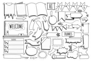 Message d'éléments vectoriels doodle dessinés à la main, étiquette, cadre, bannière, signe, ruban, flèche, note pour décoratif, bande dessinée, agenda et planificateur. vecteur