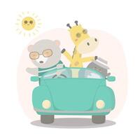 heureux voyageur animal conduisant une voiture pour voyager pendant les vacances d'été vecteur