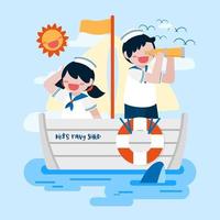 enfants sur le navire de la marine dans le vecteur de personnage de dessin animé de mer