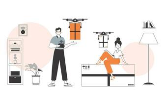 une homme et une femme, le équipe livre le paquet par drone. air livraison concept. minimaliste linéaire style. vecteur