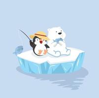 dessin animé joyeux ours polaire avec pingouin assis sur la banquise