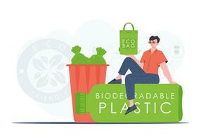 le concept de écologie et se soucier pour le environnement. une homme est assis sur une bouteille fabriqué de biodégradable Plastique et détient un éco sac dans le sien mains. tendance style.vecteur illustration. vecteur