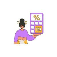 une moderne femme détient une calculatrice dans sa main impôt Paiement thème. vecteur
