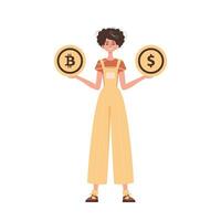 le fille est en portant une bitcoin et une dollar dans le forme de pièces de monnaie. personnage dans moderne branché style. vecteur