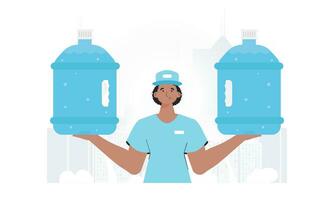 l'eau livraison concept. le homme est en portant une grand l'eau bouteille. dessin animé style personnage est représenté à le taille. vecteur. vecteur