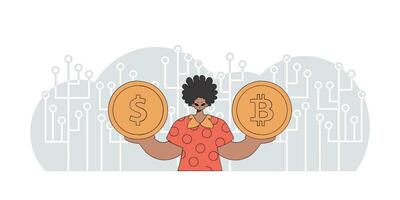 homme en portant bitcoin et dollar. crypto-monnaie concept. vecteur