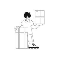 homme détient une boîte. livraison service. minimaliste style, vecteur illustrer.