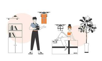 une homme et une femme équipe envoie une parcelle par drone. air livraison concept. minimaliste linéaire style. vecteur