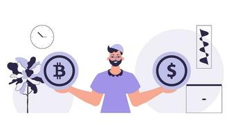 le concept de exploitation minière et extraction de Bitcoin. une homme détient une bitcoin et une dollar dans le forme de pièces de monnaie dans le sien mains. personnage avec une moderne style. vecteur