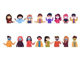 18 poses de faisceaux de personnages. personnes portant des masques pour éviter la poussière et les germes. vecteur