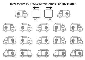 gauche ou droite avec camion de pompiers noir et blanc. feuille de travail logique pour les enfants d'âge préscolaire. vecteur