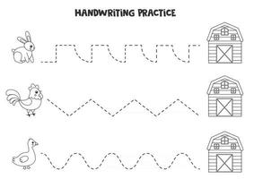 traçant des lignes avec des animaux de la ferme en noir et blanc. pratique de l'écriture. vecteur
