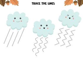 jeu éducatif pour les enfants. feuille de travail préscolaire. tracer les lignes. nuages mignons. pratique de l'écriture manuscrite. vecteur