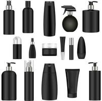 noir produits de beauté bouteille ensemble. 3d maquette emballer. vecteur illustration de vaporisateur, distributeur et compte-gouttes, crème pot, shampooing, lotion, savon, dentifrice.