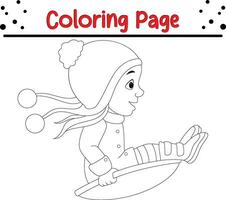 content Noël dessin animé peu fille luge vers le bas une colline coloration page pour des gamins vecteur