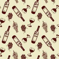 bouteille et verre de rouge vin, la vigne, feuilles. vecteur illustration de sans couture modèle. conception élément pour menus, du vin listes, Étiquettes, bannières, dépliants, emballage papier.