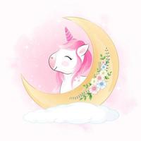 jolie petite licorne et croissant de lune sur l'illustration aquarelle animal nuage vecteur
