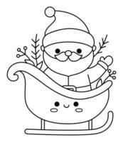 vecteur noir et blanc kawaii Père Noël claus sur une luge. mignonne père gel illustration isolé sur blanche. Noël, hiver ou Nouveau année personnage sur traîneau. marrant ligne icône ou coloration page