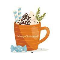Noël agresser avec chaud boire. fouetté crème, Chocolat puces, pain d'épice biscuits, tranche Rouleaux, bonbons. une inscription joyeux Noël. vecteur graphique.