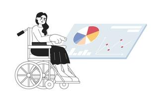 fauteuil roulant femme émouvant virtuel écran noir et blanc 2d dessin animé personnage. Indien Jeune adulte Dame en train d'étudier Les données isolé vecteur contour personne. analyste femelle monochromatique plat place illustration